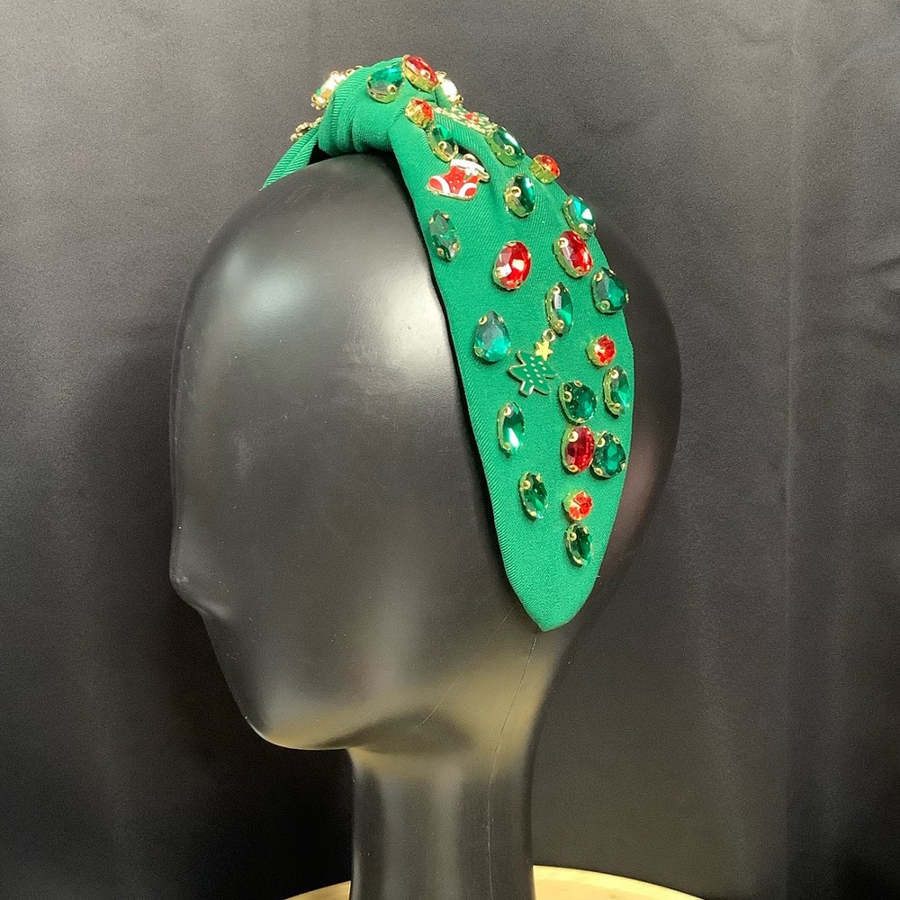 Christmas themed fabric top knot headband red and green rhinestones